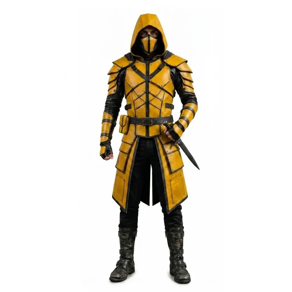 Handmade Scorpion leather armor costume in amber gold and obsidian black
