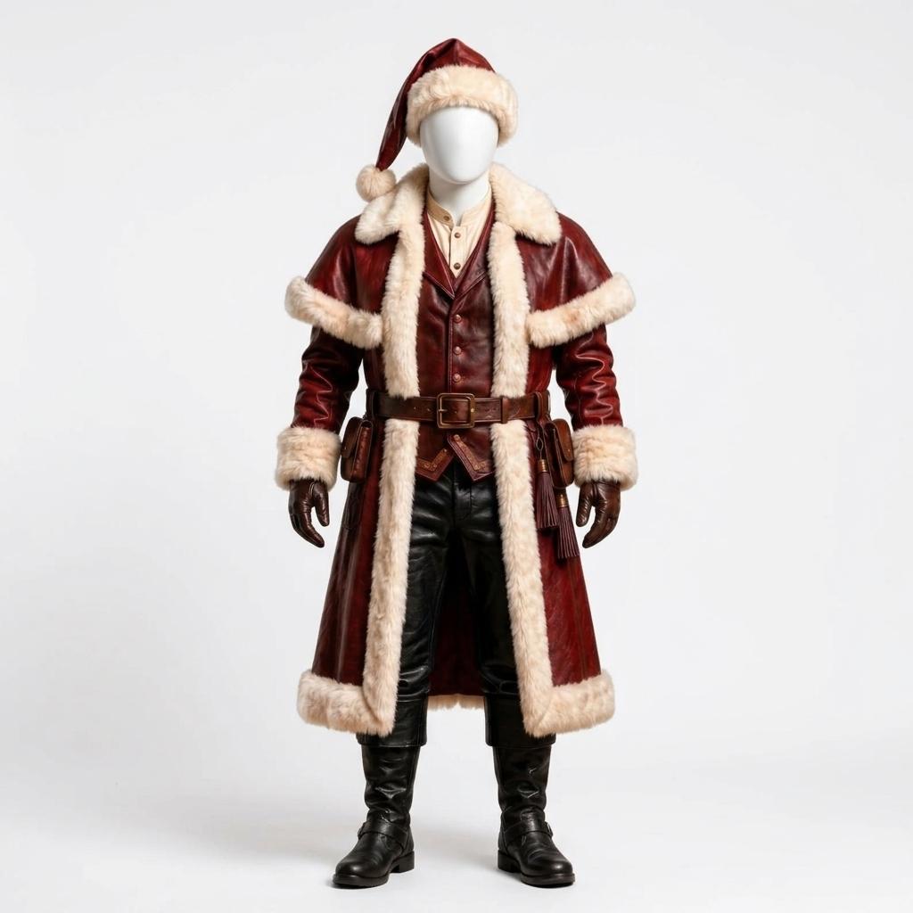 Professional actor wearing an embroidered leather Santa costume with a vintage Christmas coat and fur hat.